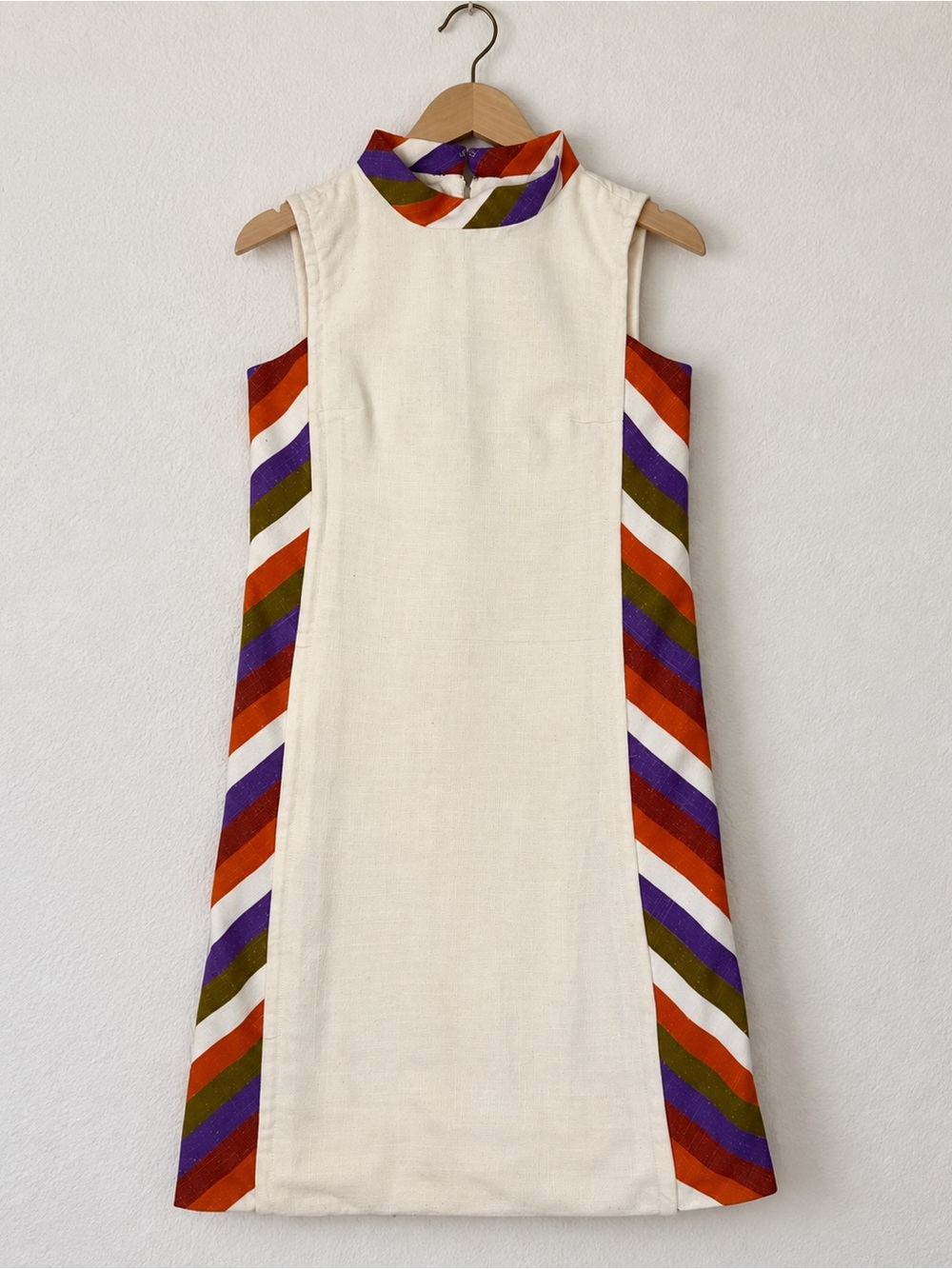 Vintage 1960s 70s Mod Shift Dress Small Linen Look Colorblock Striped Sleeveless